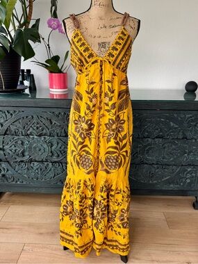 FARM Rio Yellow and Brown Floral Tie-Front Maxi Dress